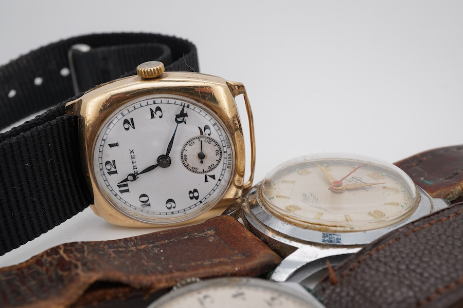 A gentleman's 1930's 9ct gold Vertex manual wind wrist watch, with Arabic dial and subsidiary seconds, case diameter 28mm, together with four other wrist watches including Geneva Sport and a silver fob watch.